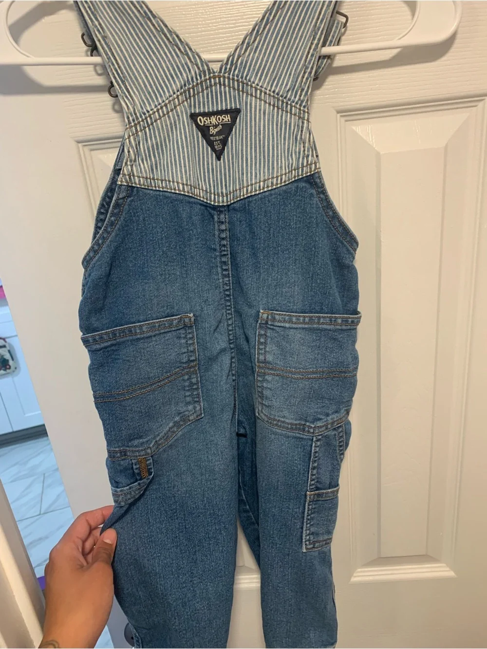 OshKosh B'gosh Blue Denim Toddler Overalls with Striped Bib Detail
